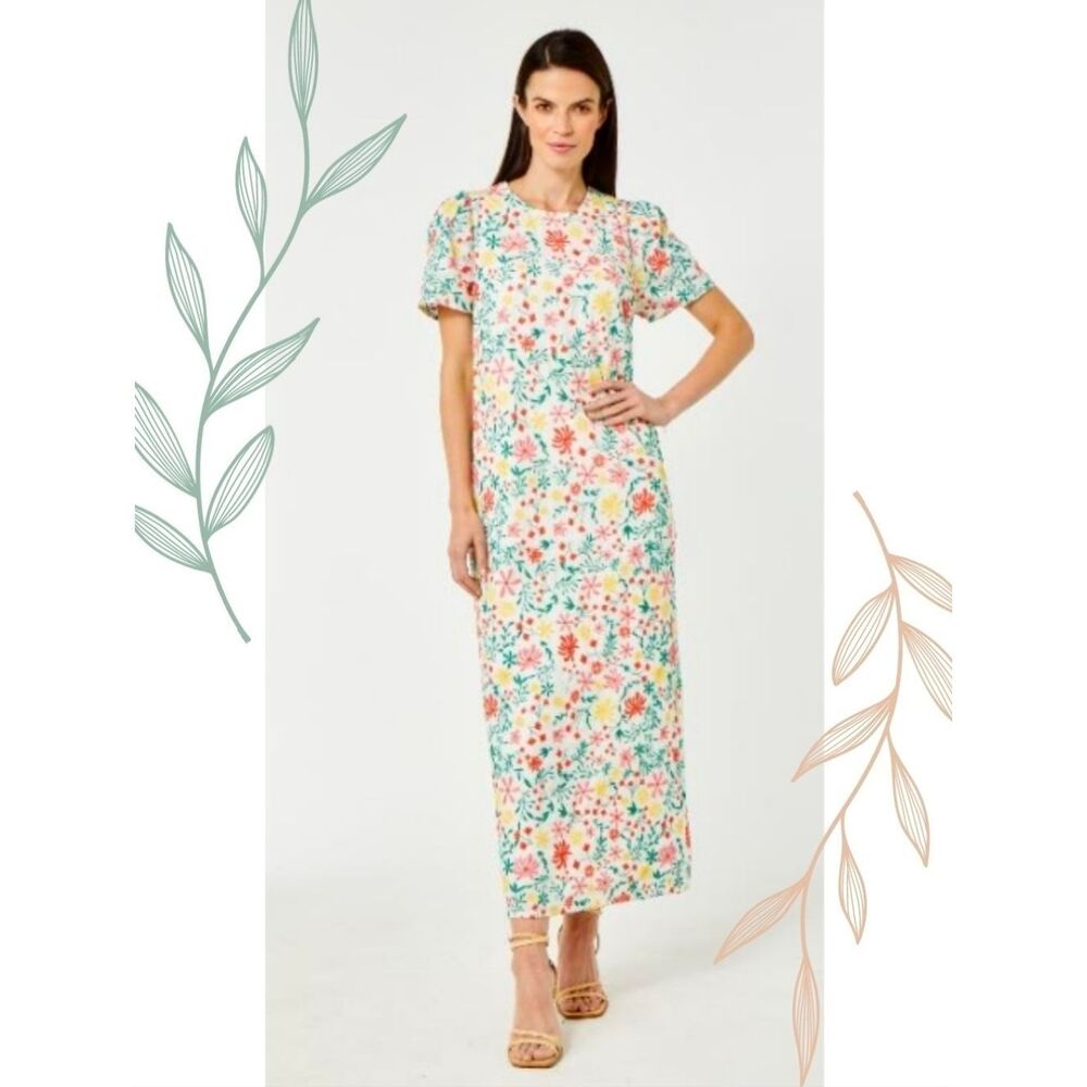 Cartolina Nantucket Floral Embroidered Short Sleeve Shift Style Maxi Dress M